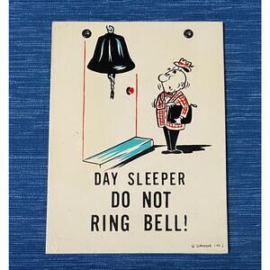 Vintage 1963 Day Sleeper Do Not Ring Bell Wall Sign Painted Hardboard Dande 37B